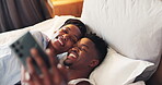 Selfie, bed and African couple in bedroom together with social media memory, care and in relationship. Morning, online and happy man smile with woman for romance on mobile app in room on vacation