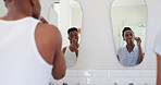 Couple, together and brushing teeth in mirror in home for morning routine, bond or relationship. Black man, woman and married with love for self care, hygiene and grooming in bathroom for wellness 