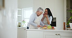 Family, cooking or eating with an old woman and daughter in the kitchen of a home during a visit. Smile, happy and a young person laughing with her senior mother in a house to prepare a healthy meal