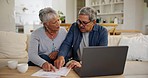 Couple, worried and financial planning with laptop in home for investment, savings or retirement fund. Elderly people, married and together with document, budget or report for digital banking on web 