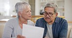 Old couple, laptop and document, bills and taxes online with budget, life insurance and retirement fund. People at home with policy paperwork, savings and asset management, finance and investment