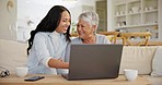 Woman, senior mom and teaching with laptop glitch, error and mistake with typing, learning and notification. Computer, mother and daughter with helping, software and click for email on sofa in home