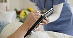 Nurse, tablet and hands sign contract for healthcare insurance in home bedroom. Signature, medical patient and elderly woman on technology closeup, digital agreement and online application or consent