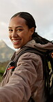 Hiking, love and holding hands with a woman leading on an adventure in the mountains for freedom or romance. Portrait, smile and dating in the forest with a happy young person outdoor in nature