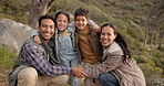 Family, hug and smile on hike in nature, walk and fun for child, bonding and love in childhood. Happy people, face or portrait on travel and adventure in trek, vacation and holiday on mountain