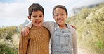 Face of happy kids, brother and sister in nature, outdoor or travel together on summer holiday. Portrait, smile of siblings and children in countryside, bonding or family connection, hug or support 