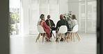 Business people, talking or counselling in circle for wellness with mental health, help or discussion. Meeting, support or team speaking with trust, respect or communication in therapy for psychology