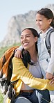 Face, happy family and together by hiking in mountains for fitness, wellness or health with bond. Female, mom and daughter for smile in excitement with vision, embrace and high five with vacation