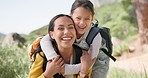 Face, hug and mother hiking with girl child in nature with love, adventure and fun outdoor together. Happy family, portrait and kid embrace mom in nature with backpack for trekking, travel or freedom