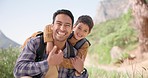 Face, hug and father hiking with boy child in nature with love, adventure and fun outdoor together. Happy family, portrait and kid embrace dad in nature with backpack for trekking, travel or freedom