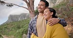 Walking, hiking and couple hug on mountain for trekking, adventure and journey in nature. Travel, dating and happy man and woman embrace outdoors for holiday, vacation and wellness with scenic view