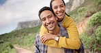 Piggy back, hiking and face of couple on mountain for trekking, adventure and journey in nature. Travel, dating and portrait of happy man carrying woman outdoors for holiday, vacation and wellness