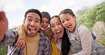 Selfie, outdoor and family with vacation, funny and happiness with humor, profile picture and travel. Face, parents and mother with father, children and kids with post, trip and laughing with bonding