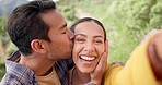 Couple, kiss and selfie in nature for hiking with love or adventure, happy and fun together. Portrait, smile and travel influencer people in a forest for social media profile picture, blog or podcast