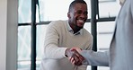 Businessman, black man or handshake in office with welcome, collaboration or meeting for deal or partnership. People, employees or face and shaking hands for teamwork, partnership or hello with smile