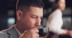 Cafe, business and man with coffee, lunch and relax with break, entrepreneur and consultant. Person, agent and worker with tea, espresso or restaurant with employee, thinking and with a drink or calm