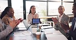 Tablet, presentation and business people applause in office celebration for finance, growth or success. Digital, data and financial team in a meeting clapping hands in support of feedback or review