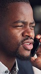 Black man, face and phone call for business, discussion or proposal on idea in communication at office. Closeup of African businessman talking on mobile smartphone for conversation or networking