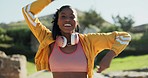 Happy black woman, dancer and fashion at park for hip hop, style or urban trend clothing in nature. Energetic African female person dancing in stylish outfit for music, pop or outdoor performance