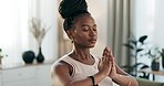 Yoga, relax or black woman in prayer meditation in home studio for wellness, mindfulness or balance. Incense, breathing or zen African lady in pilates for energy training, peace or holistic exercise