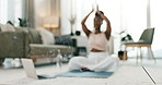 Incense, yoga and meditation with a black woman on the floor of a living room in her home for health or wellness. Exercise, smoke and zen with a young person in her apartment for mental health