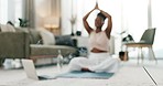 Yoga, smoke and zen with a black woman on the floor of a living room in her home for health or wellness. Exercise, meditation and incense with a young person in her apartment for mental health