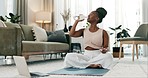 Drinking water, yoga or black woman in home with health, fitness or wellness for hydration after exercise. Thirsty African person, closeup or healthy lady with liquid after yoga training to relax