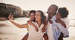 Selfie, happy family at ocean together for vacation and bonding on tropical adventure on island. Nature, summer holiday and mother, father and children on beach to relax, smile and fun in piggy back.