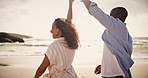 Couple, dance or beach spin or love connection, weekend romance or anniversary celebration. Black man, woman and fun moving at ocean for travel suns relax or tropical vacation, party or holiday trip