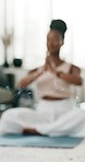 Yoga, incense or woman in prayer meditation in home or house studio for wellness, peace or balance. Blur, relax or zen African person in pilates for energy training, breathe or holistic exercise  