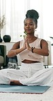 Home, yoga and meditation with black woman, exercise and fitness with wellness, zen and chakra. African person, yogi or girl with peace, lotus and calm with health, apartment or workout with training