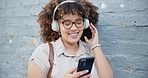 Headphones, mobile or happy woman in city dancing, texting or streaming a song, music or radio. Relax, phone or person listening to audio on online subscription in urban town for wellness or break