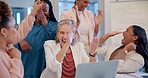 Happy business people, laptop and applause in celebration, winning or team promotion together at office. Group of employees clapping, high five and cheering with computer for good news at workplace