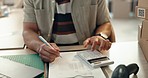 Man, hands and writing with calculator in finance, accounting or audit for financial planning, strategy or pricing at office. Closeup of male person, accountant or small business owner in budget plan