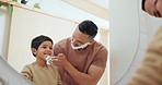 Mirror, shaving cream and father with boy child in a bathroom for teaching, bond and skincare lesson at  home. Love, learning and parent with kid in house with foam, facial or hair removal cosmetics