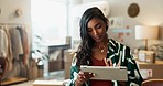 Online shop, research and tablet, woman in office with social media review and networking for small business owner. Digital app, ecommerce and web store feedback, girl with report and creative idea.