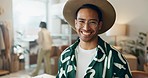 Designer, fashion or face of happy man in workshop studio for edgy clothes, retail or boutique. Trendy Asian stylist, smile or creative small business owner with cool hat or confidence in startup 