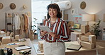 Fashion, designer and face of woman on tablet, typing and planning ecommerce in creative startup. Technology, tailor and portrait of happy worker, business professional and employee in South Africa