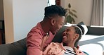 Home, love and black couple happy, playful and bond with silly wife, goofy husband or funny marriage partner. Lounge couch, happiness and fun African woman, man or romantic people laughing together