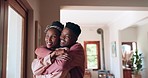 Love, affection and happy black couple hug for support, bond and care for wife, husband or marriage partner trust. Home, relationship security and hugging woman, man or people looking at window view