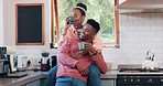 Coffee, relax and black couple in home with love, marriage and care in the morning with discussion. Tea, hot drink and conversation with happy people together at breakfast in a kitchen with a smile