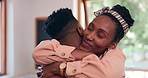 Real estate, success and couple hug in new house with care, trust and support, happy and excited. Mortgage, property and black people embrace in celebration of moving in together, dream home or condo