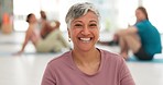 Face, yoga and old woman with meditation, smile and exercise in a wellness center, healthy and chakra. Portrait, pensioner or senior person with happiness, peace and fitness with workout, zen or calm
