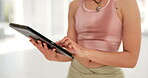 Hands, tablet and woman with yoga class online for workout, training or exercise. Fitness, app and person scroll technology in gym for learning information on social media or personal trainer blog