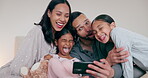 Parents, bed and funny selfie with children on phone for happy memory, together and social media at house. Mom, dad and girl kids in bedroom with smartphone in comic, love and joke in family home
 