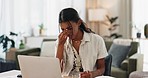 Woman, headache and work from home stress on laptop for marketing mistake, copywriting fail or online report. Young freelancer with project deadline, fatigue or eye care pain and glasses on computer