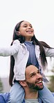 Family, park and child on shoulders of father for bonding, relationship and flying outdoors. Nature, happy and dad playing with girl on holiday, vacation and weekend for relaxing, fun and adventure