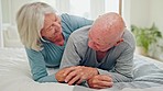 Senior, hug and love of couple in bed, care and bond together in home. Embrace, happy elderly man and woman in bedroom for connection, support or healthy relationship, romance or relax in retirement