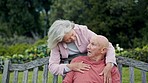 Mature, couple and hug with kiss while outside for fresh air in backyard of home together. Elderly man, woman and married with love, bond and romance with relationship for trust, support or caring