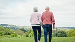 Walk, holding hands and old couple in countryside with support, love and relax in retirement. Marriage, senior man and woman on grass together with nature, outdoor bonding and morning chat from back.